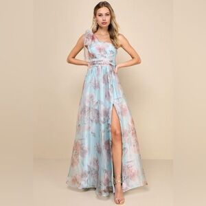 Dramatically Lovely Blue Floral Organza One-Shoulder Maxi Dress
